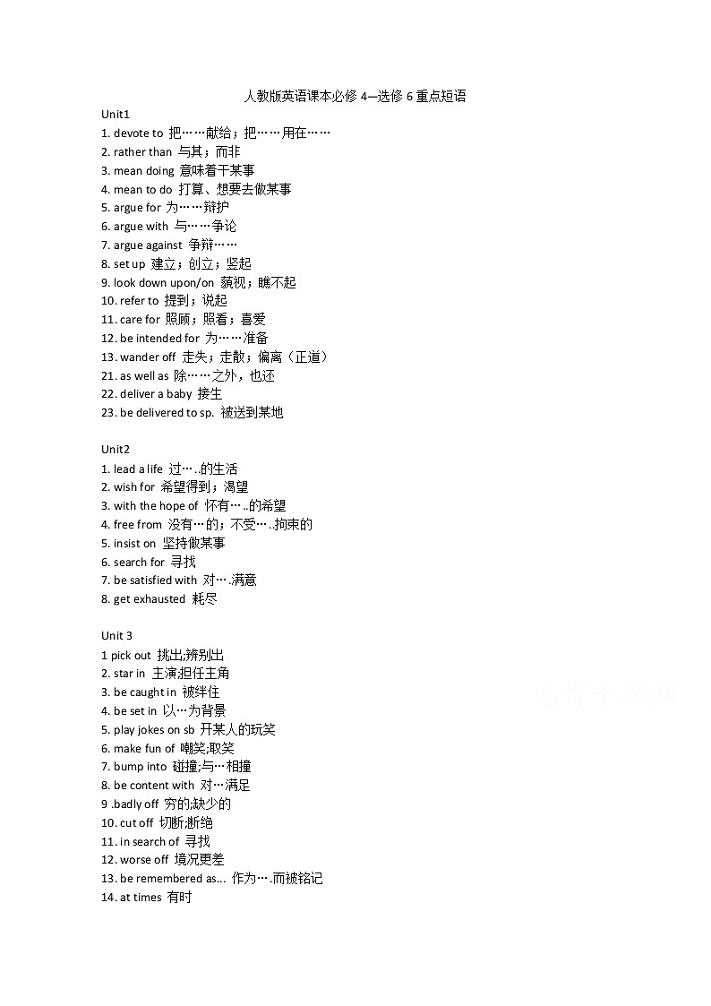 高三英语短语与词汇复习资料汇总：人教版必修4—选修6英语课本重点短语第1页