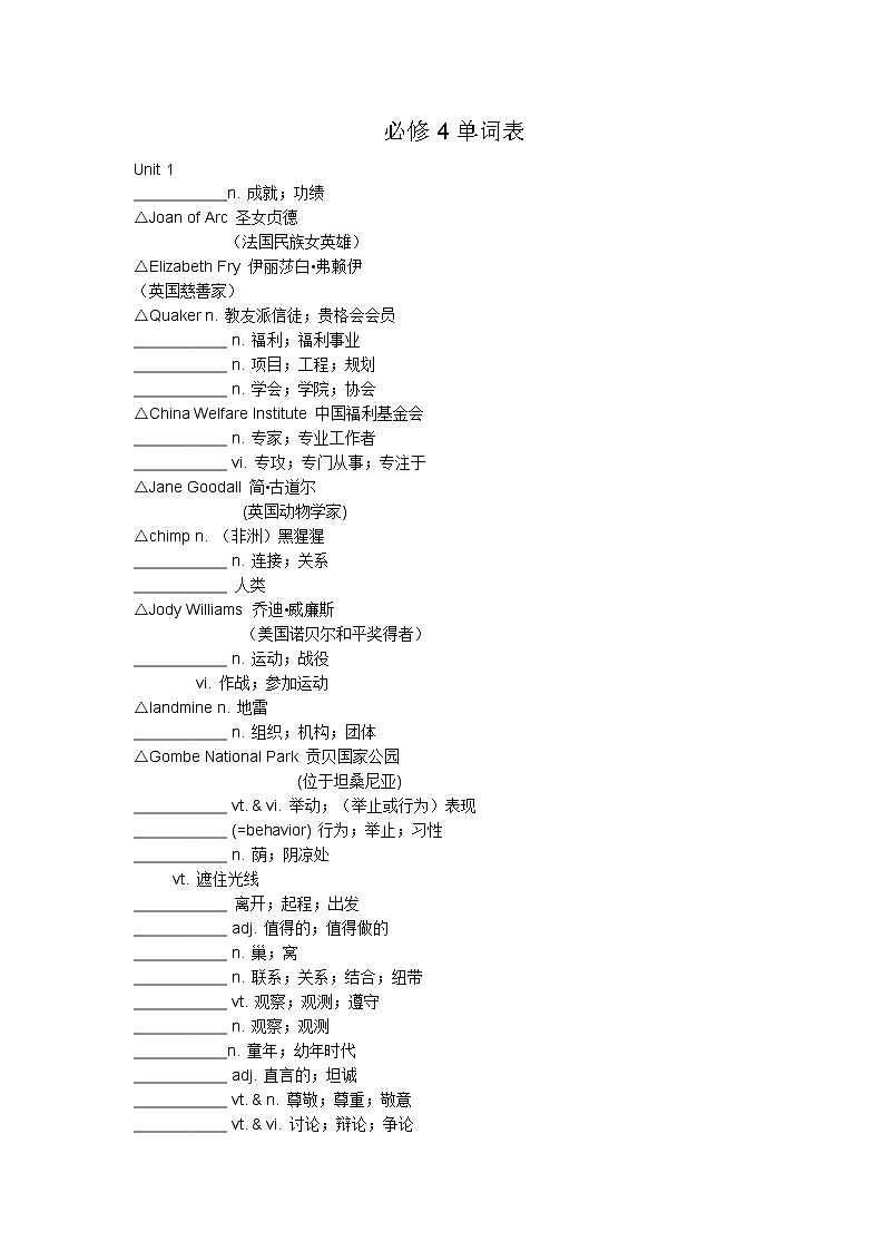 高中英语必修4单词表（默写表）01