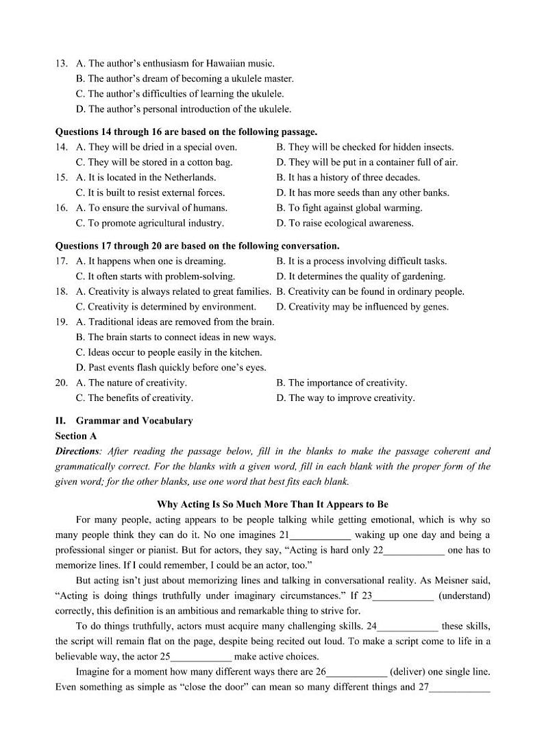 上海2021届嘉定区高考英语二模（含答案） 试卷02