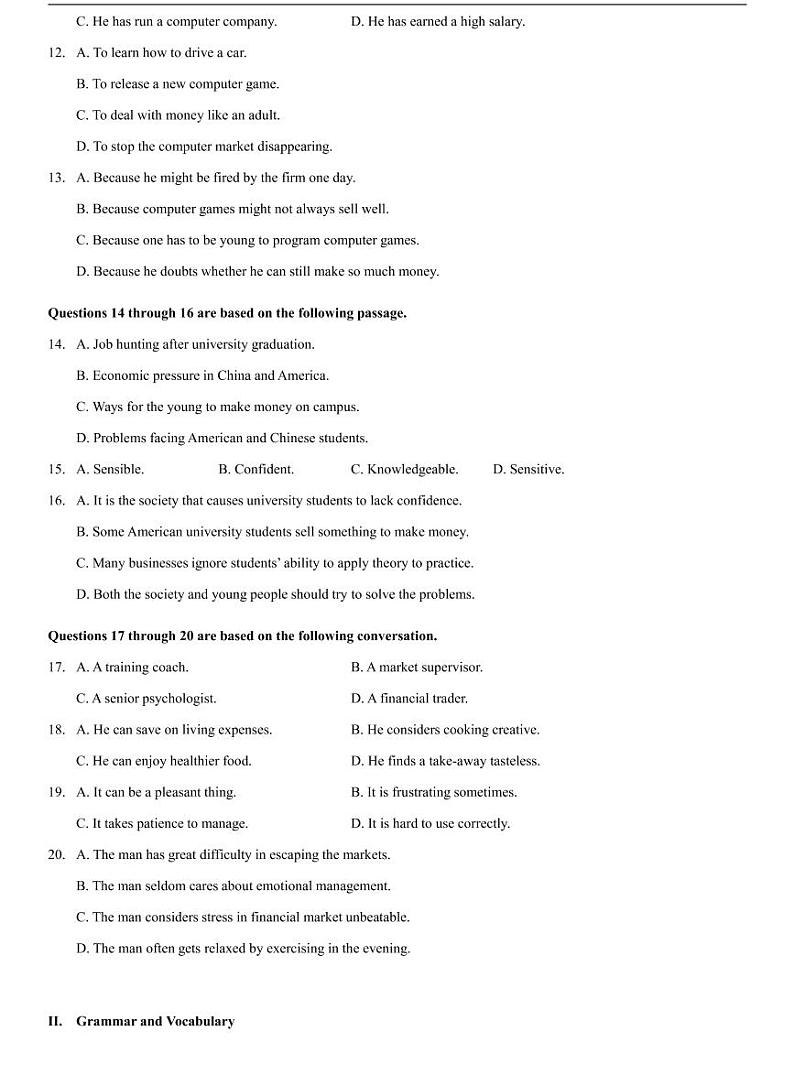 上海市松江区2021届高三二模英语卷参考答案与听力文本原卷02