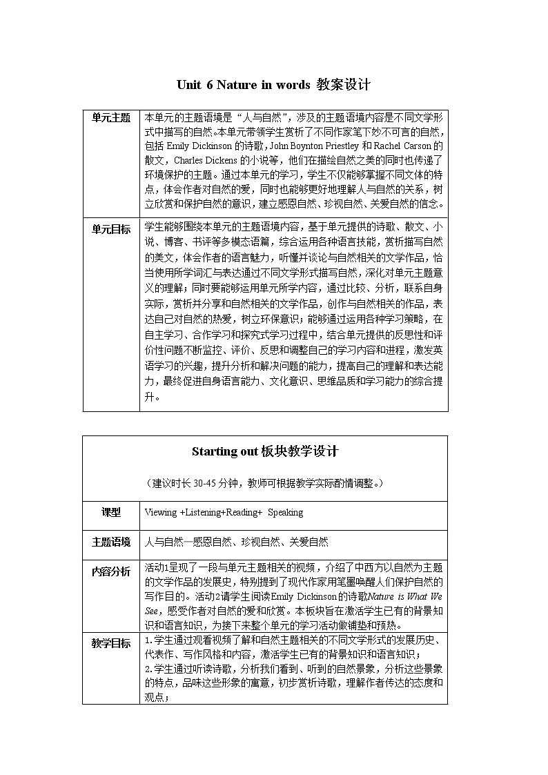 外研版(2019)选择性必修三教案：Unit6 Nature in words（全单元）01
