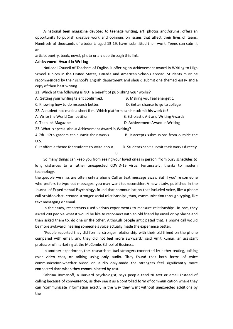 江苏省无锡市太湖高级中学2020-2021学年高一下学期英语试卷（word版，无答案）03