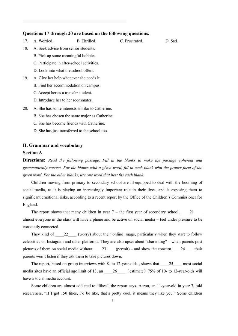 2020-2021学年上海市奉贤区高三英语一模卷 配答案与听力原文+听力MP303