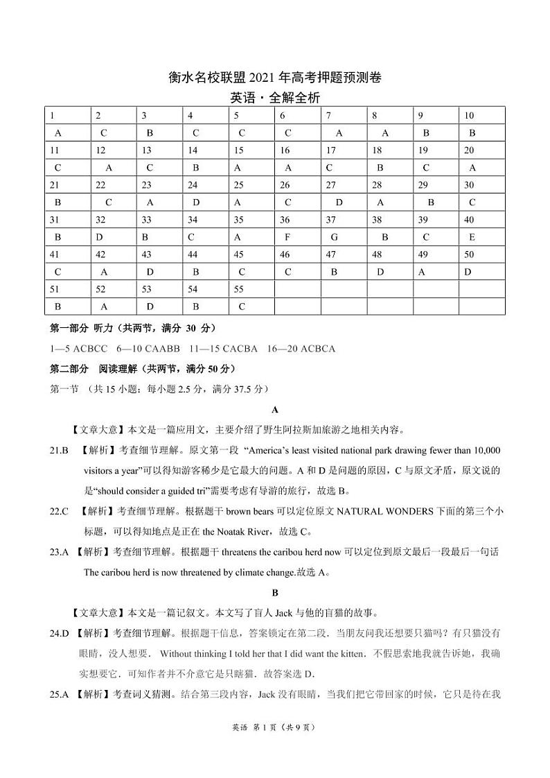衡水名校联盟2021年高考押题预测卷-英语（含答案答题卡）01