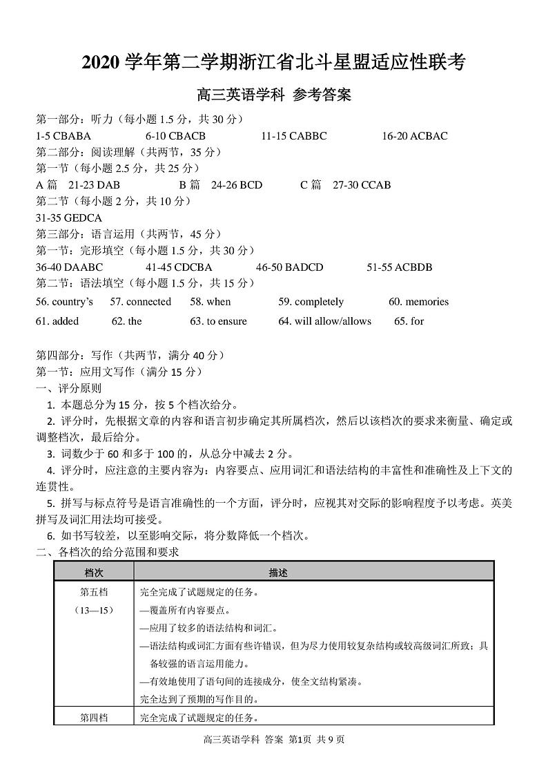 浙江省北斗星盟2021届高三下学期5月适应性联考英语试题+答案（word）01