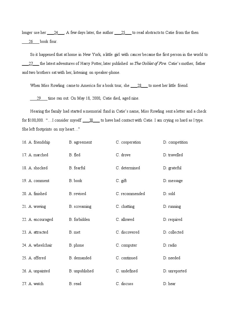 北京市西城区近五年（2016-2020年）高一下学期英语期末试卷分类汇编：完形填空02