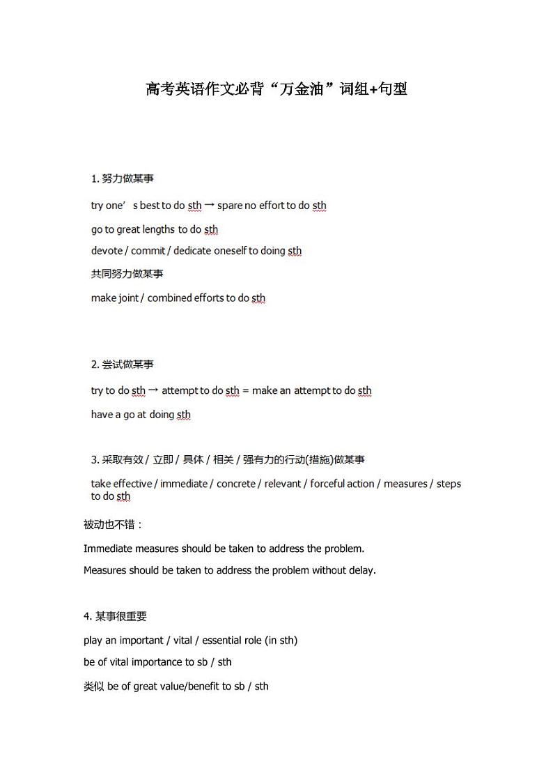 高考英语作文必背“万金油”词组+句型第1页