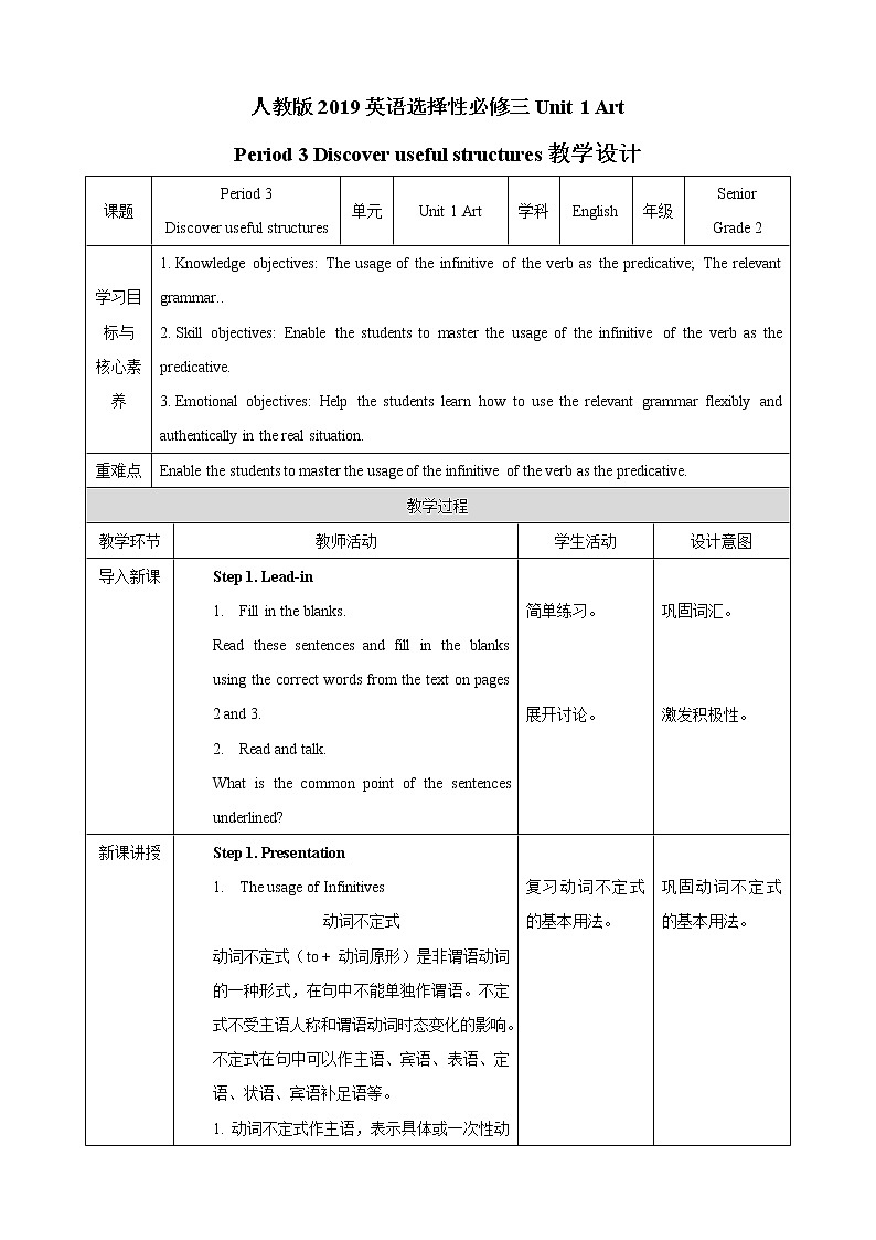 人教版2019高中英语选择性必修第三册Unit 1 Art Period 3 Discover useful structures教案01