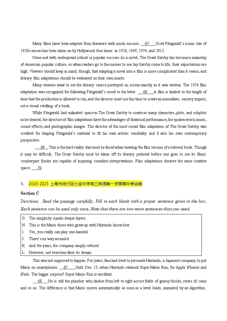 2020-2021学年上海市名校试卷汇编-六选四（学生版）02
