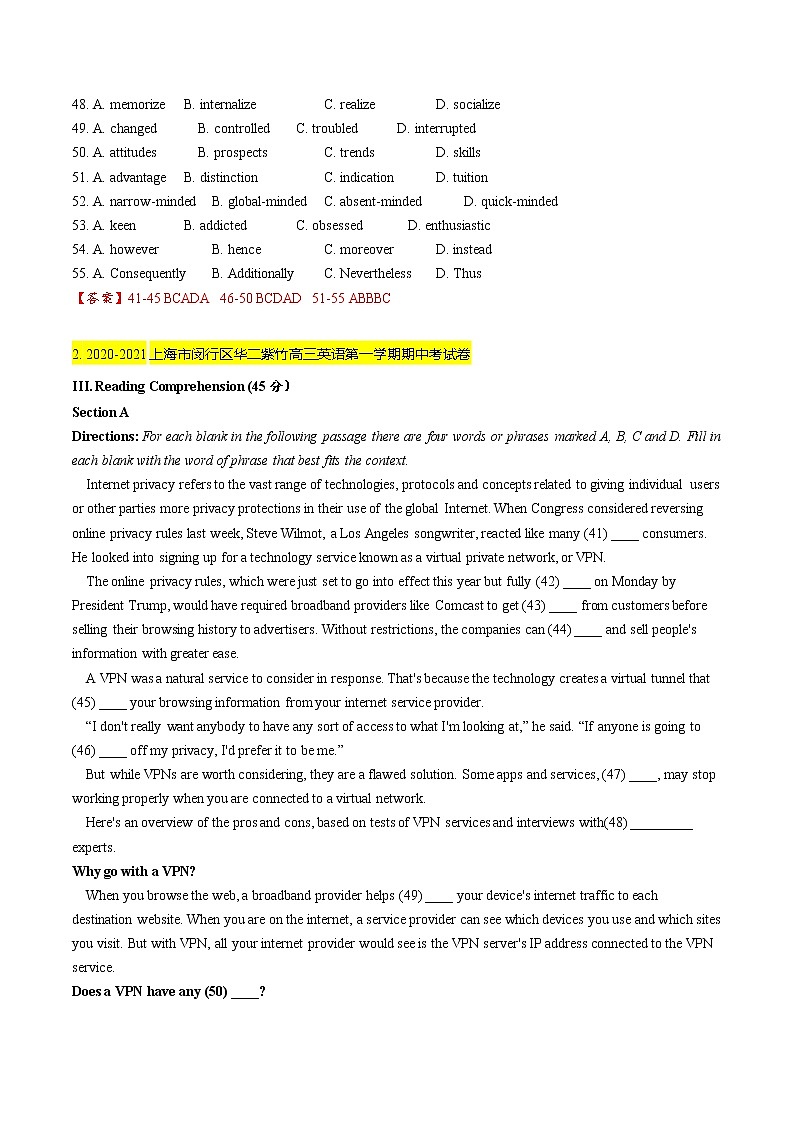 2020-2021学年上海市名校试卷汇编-完形填空（教师版）02