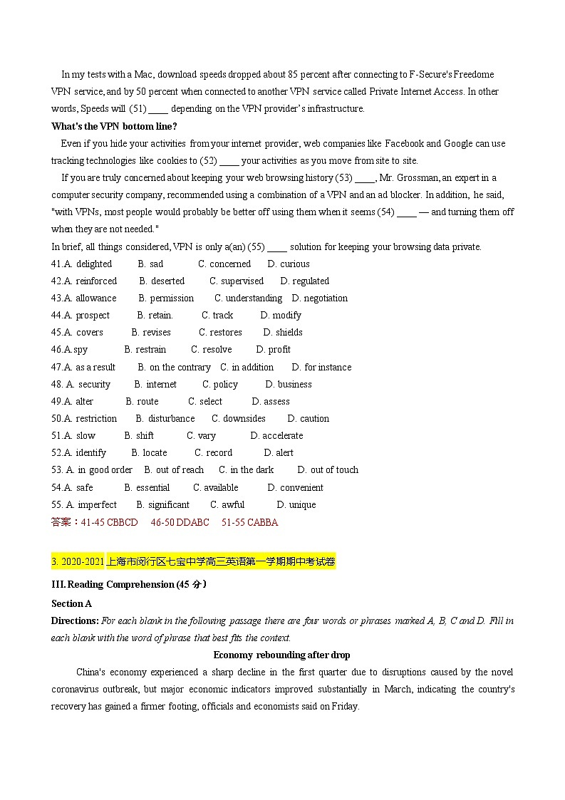 2020-2021学年上海市名校试卷汇编-完形填空（教师版）03