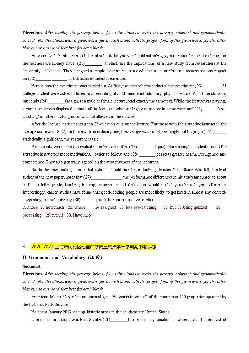2020-2021学年上海市名校试卷汇编-语法填空 （教师版）02