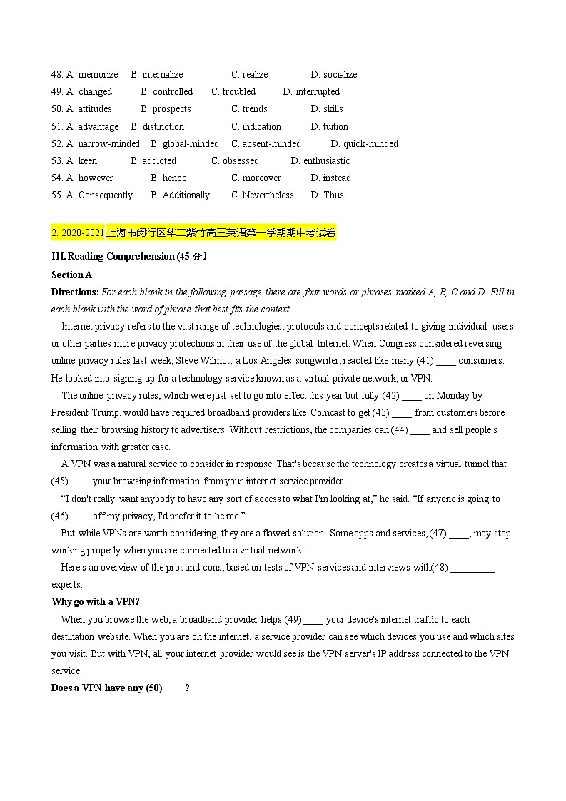 2020-2021学年上海市名校试卷汇编-完形填空（学生版）第2页