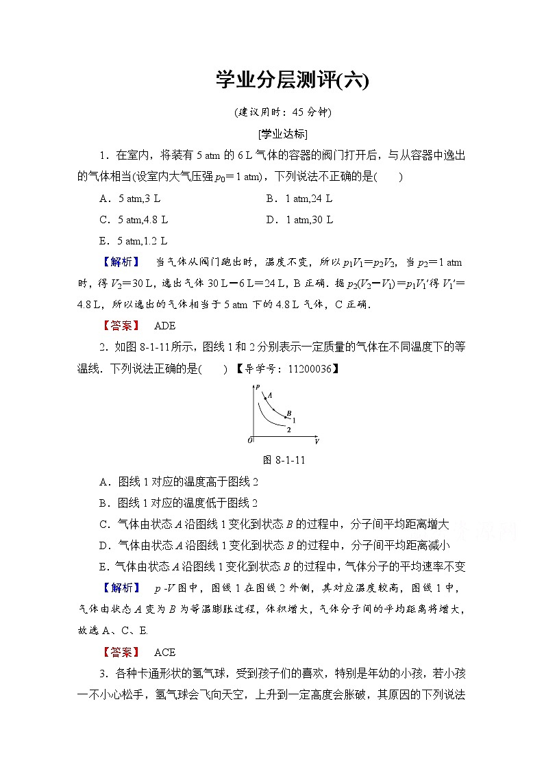 高中物理人教版选修3-3（学业分层测评）第八章 气体 学业分层测评6 word版含答案试卷01