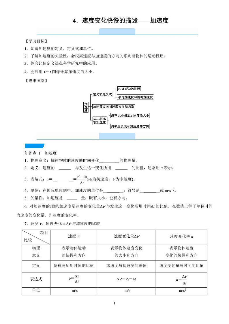 1.4 速度变化快慢的描述——加速度—人教版（2019）高中物理必修第一册学案01