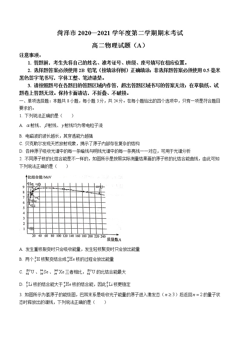 2020-2021学年山东省菏泽市高二下学期期末联考物理试题（A） word版01