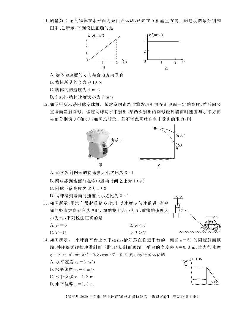 2019-2020学年广东省汕尾市海丰县高一”线上教育“教学质量监测物理试题 PDF版03