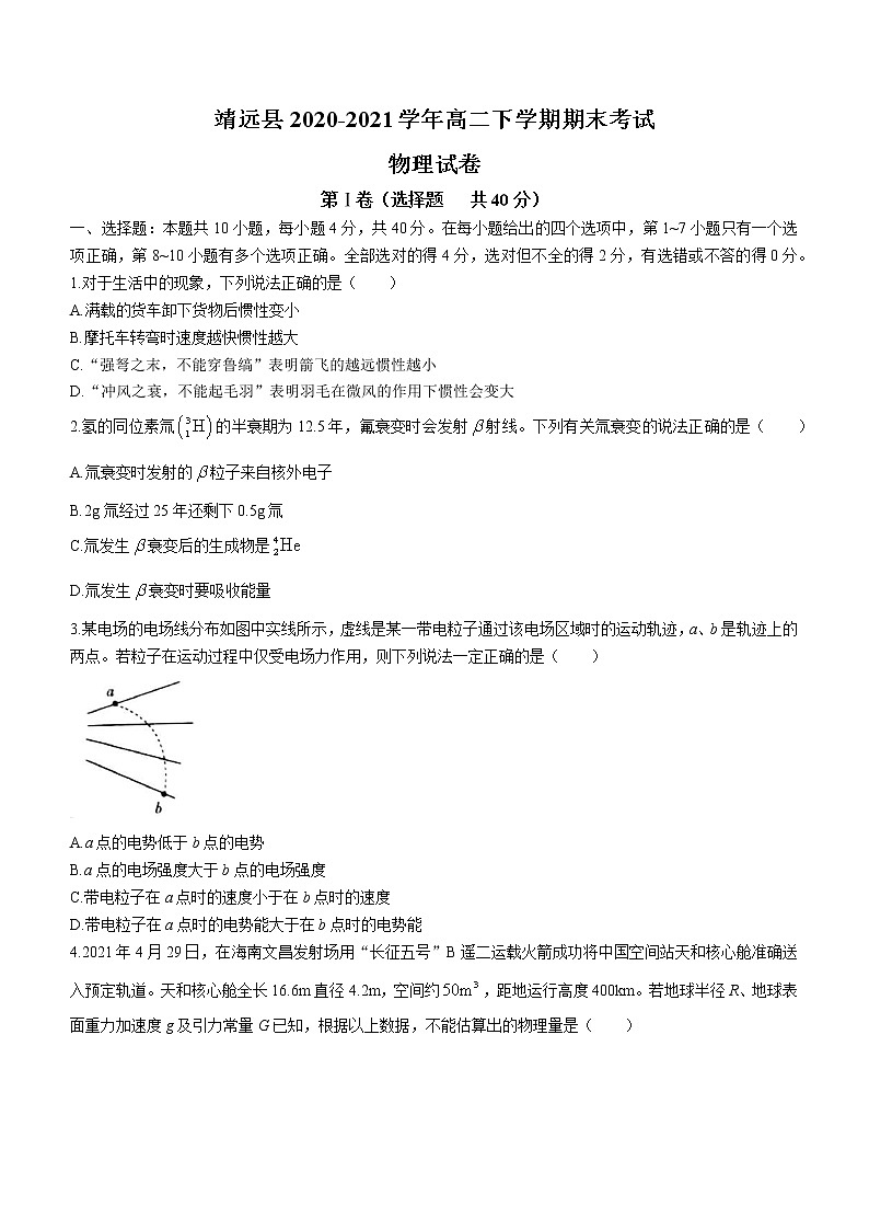 2020-2021学年甘肃省靖远县高二下学期期末考试物理试题 word版第1页