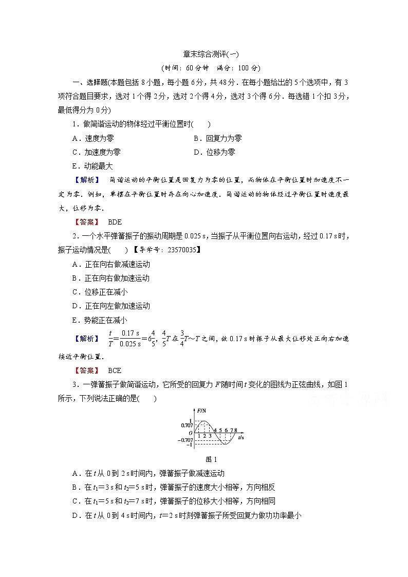 高中物理人教版选修3-4章末综合测评 章末综合测评1 word版含答案第1页