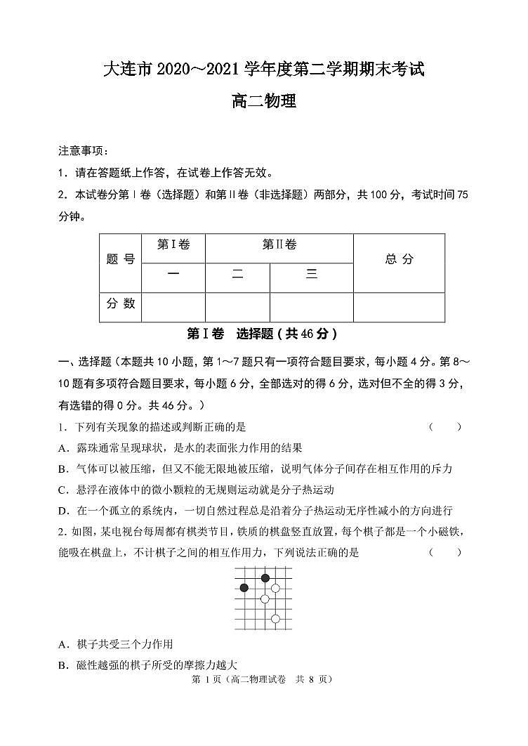 辽宁省大连市2020_2021学年高二物理下学期期末考试试题PDF01