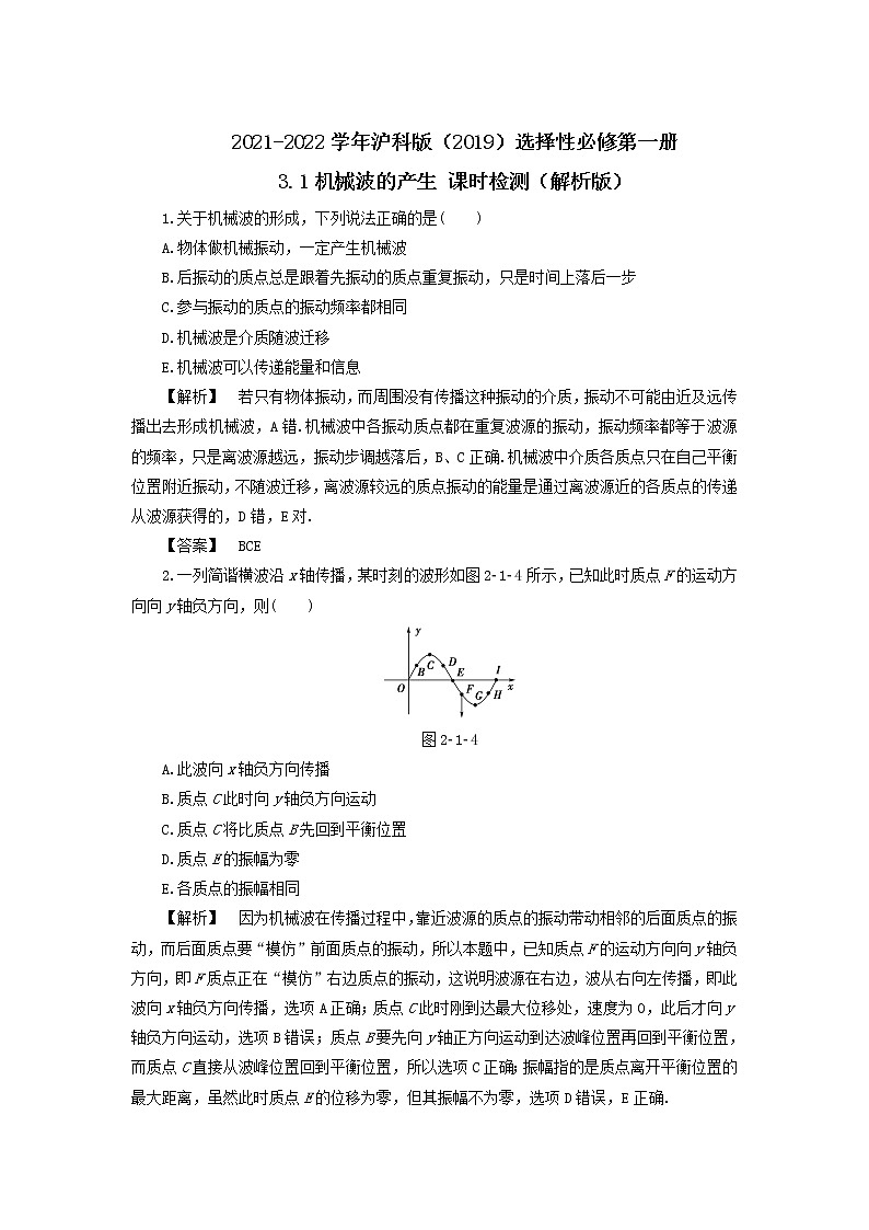 2021-2022学年沪科版（2019）选择性必修第一册 3.1机械波的产生 课时检测（解析版）第1页