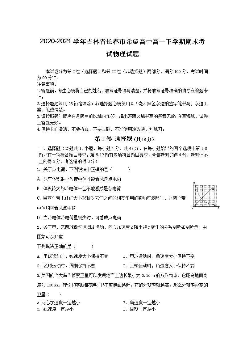 2020-2021学年吉林省长春市希望高中高一下学期期末考试物理试题01