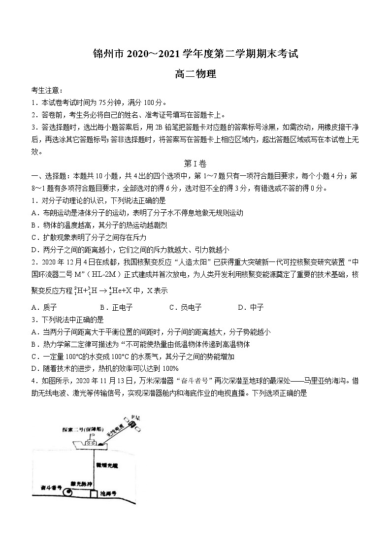 2020-2021学年辽宁省锦州市高二下学期期末考试物理试题 word版01