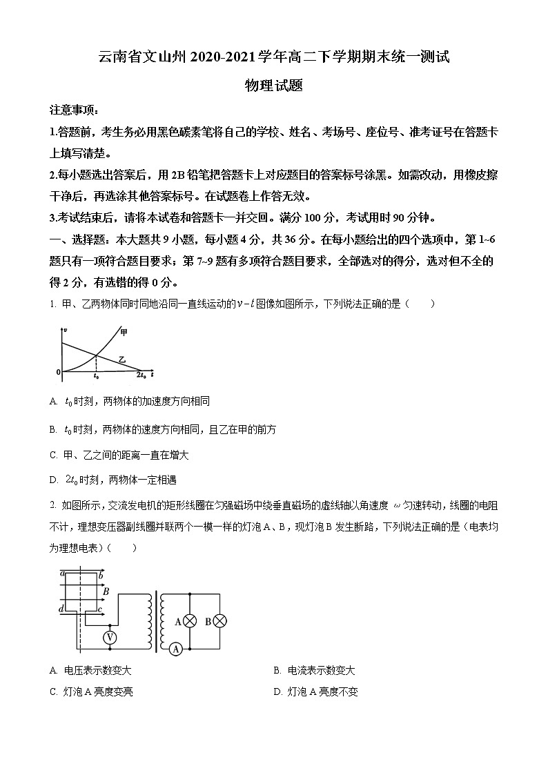 2020-2021学年云南省文山州高二下学期期末统一测试物理试题 word版第1页