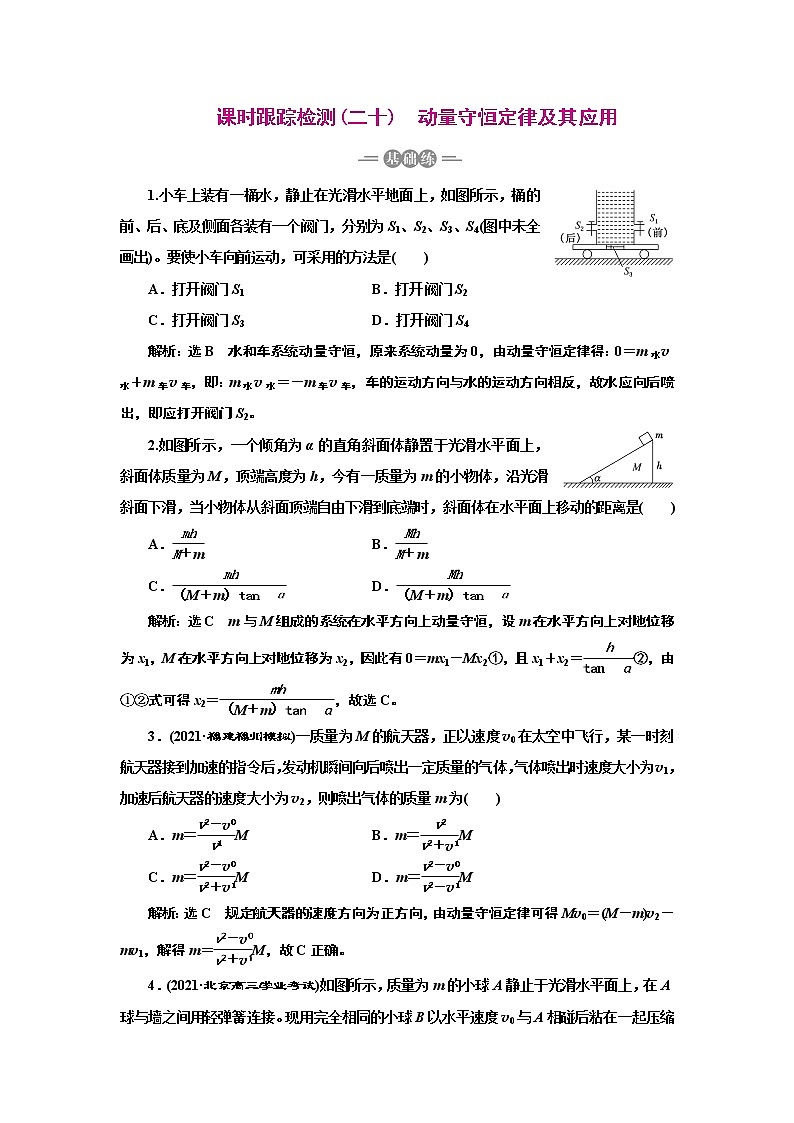2022高考物理一轮复习课时专练   课时跟踪检测(二十)　动量守恒定律及其应用01