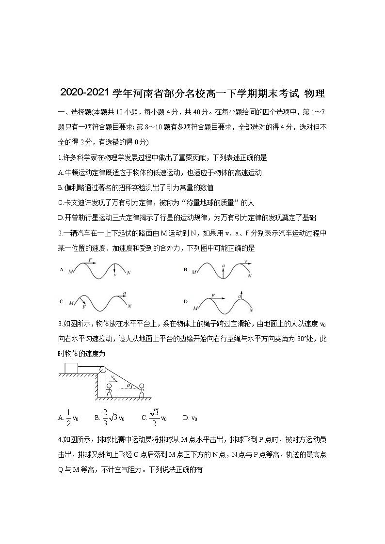 2020-2021学年河南省部分名校高一下学期期末考试 物理练习题第1页