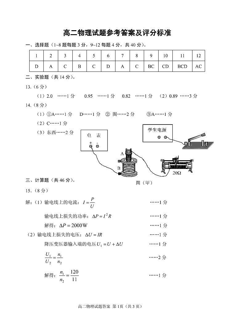 2020.1高二物理答案第1页