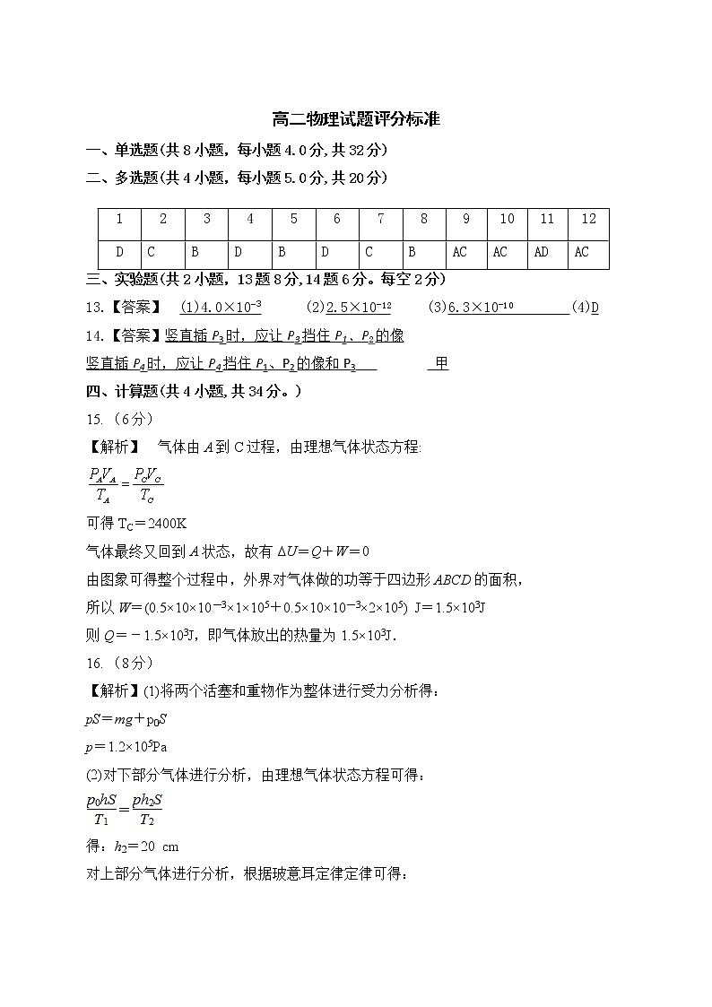 高二期中物理试题 评卷标准第1页