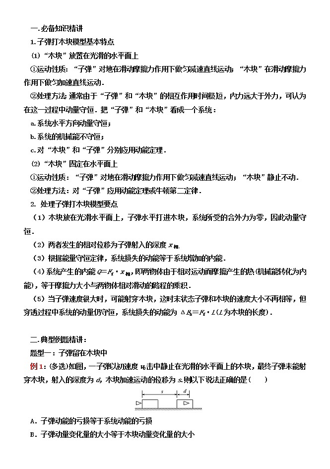 053动量守恒之子弹打木块模型及悬绳模型 精讲精练-2022届高三物理一轮复习疑难突破微专题第1页