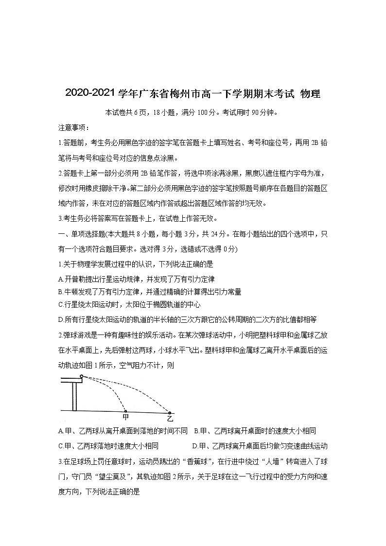2020-2021学年广东省梅州市高一下学期期末考试 物理练习题01