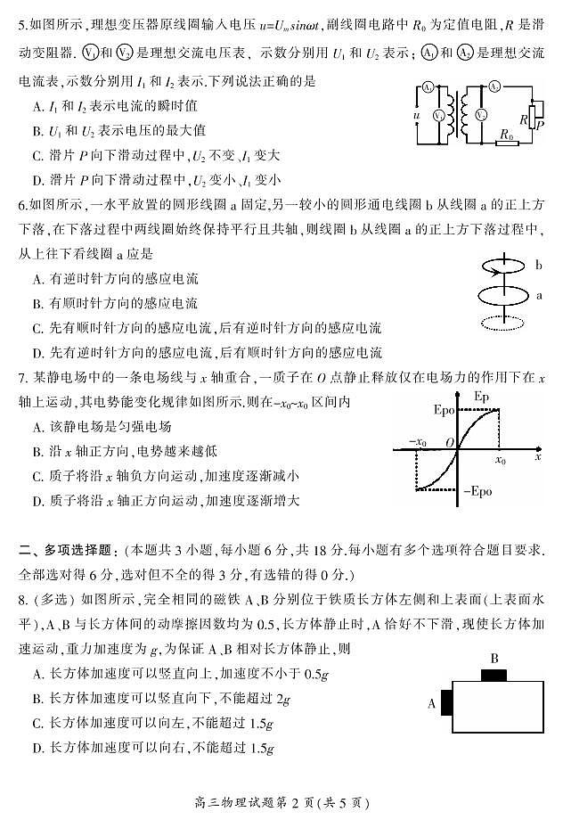 2021届湖南师大附属五雅中学高三上学期质量检测物理试卷 PDF版第3页