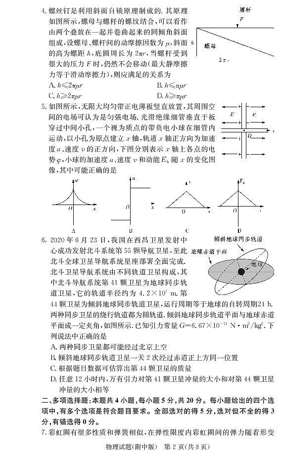 2021届湖南师范大学附属中学高三月考（六）物理试卷 PDF版第2页
