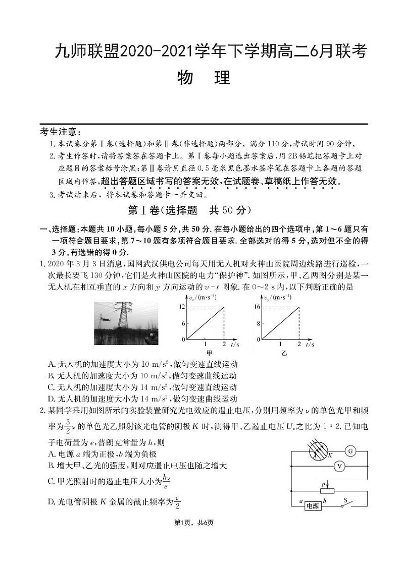 2020-2021学年河南省九师联盟高二下学期6月联考物理试题 PDF版01