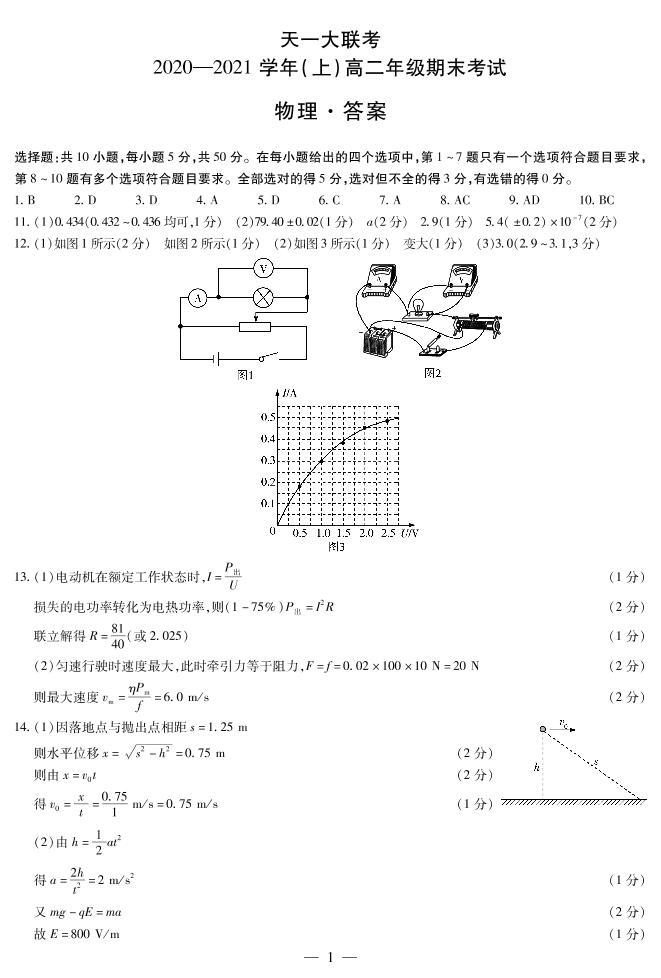 2020-2021学年河南省天一大联考高二上学期期末考试 物理 PDF版练习题01