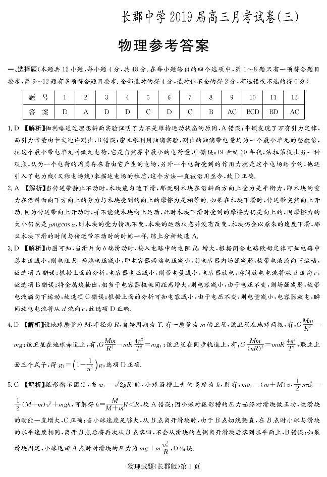 湖南省长郡中学2019届高三上学期第三次月考物理答案第1页