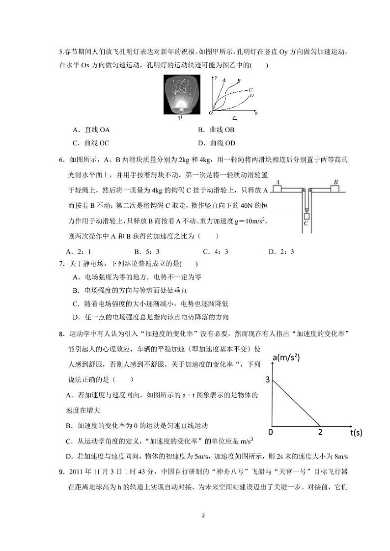 长郡中学 2021 届高三物理周测卷（六）第2页