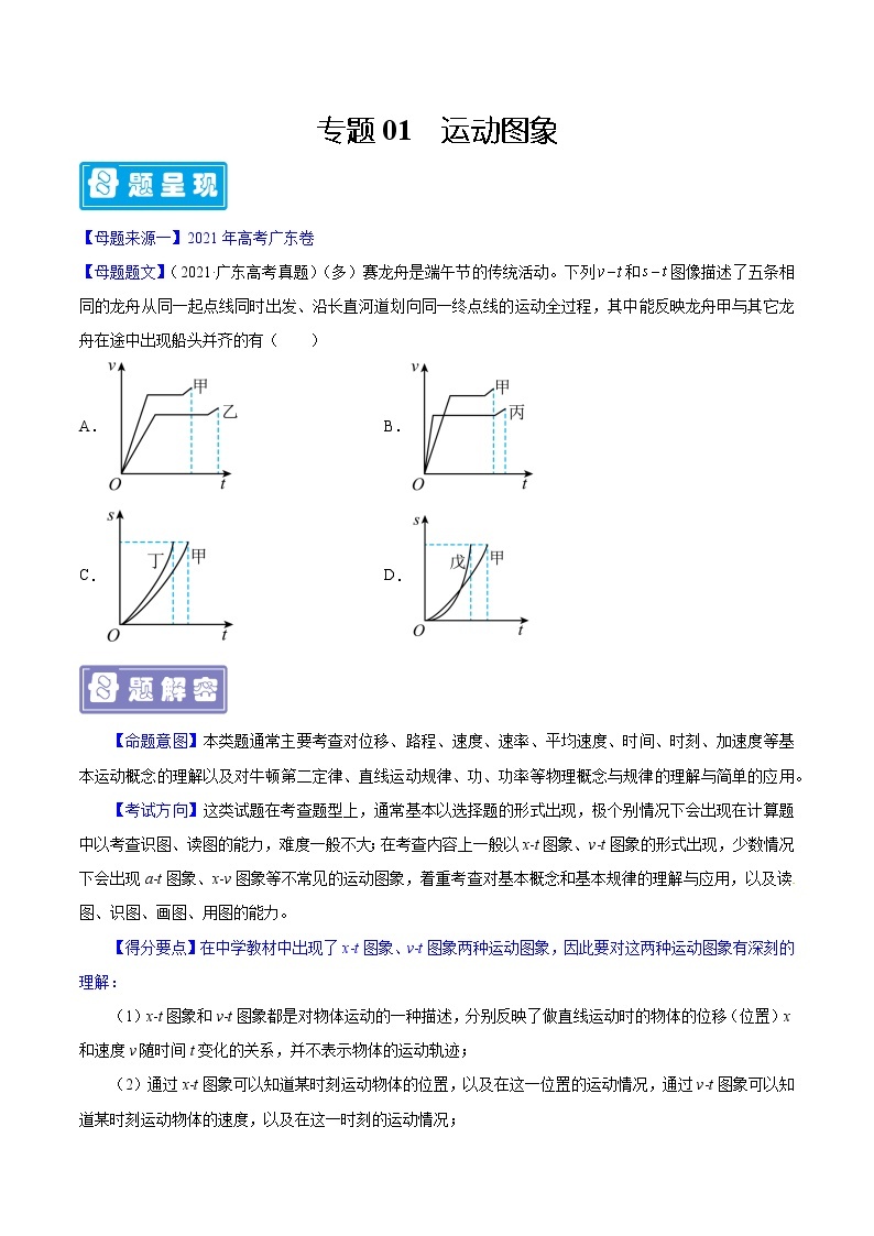 专题01运动图象—备战2022年高考物理母题题源解密（全国通用）（原卷版）01