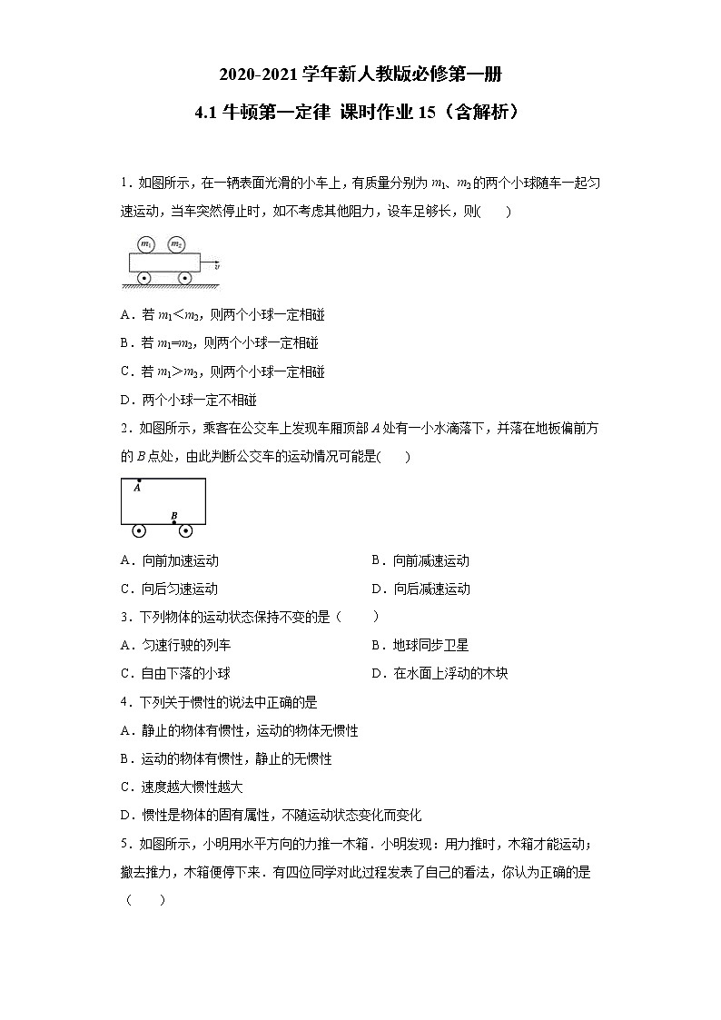 2021年高中物理新人教版必修第一册 4.1牛顿第一定律 课时作业15（含解析）第1页