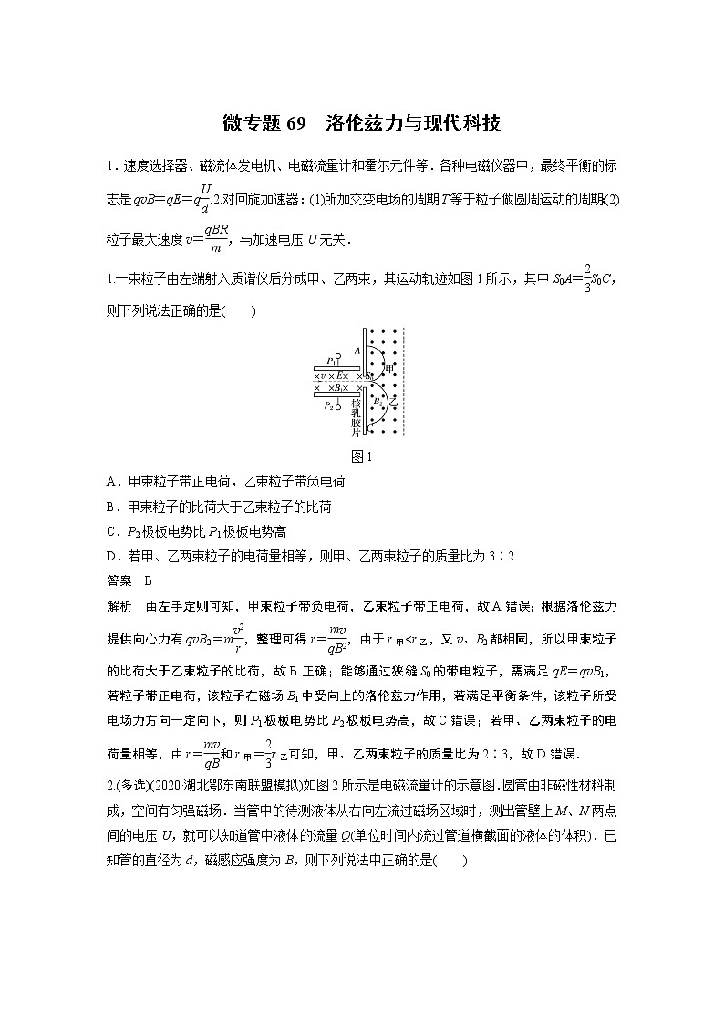 2022届一轮复习专题练习69  洛伦兹力与现代科技（解析版）01