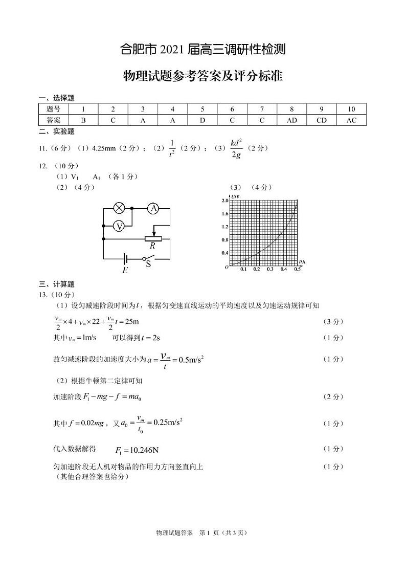2021届安徽省合肥市高三上学期调研性检测物理试题 PDF版01