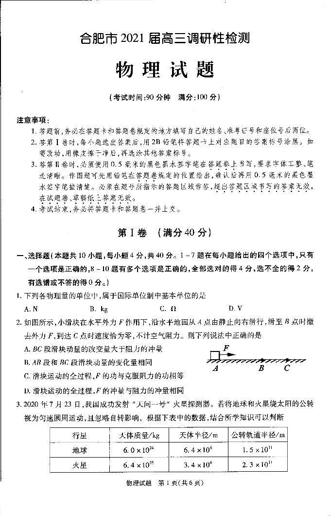 2021届安徽省合肥市高三上学期调研性检测物理试题 PDF版01
