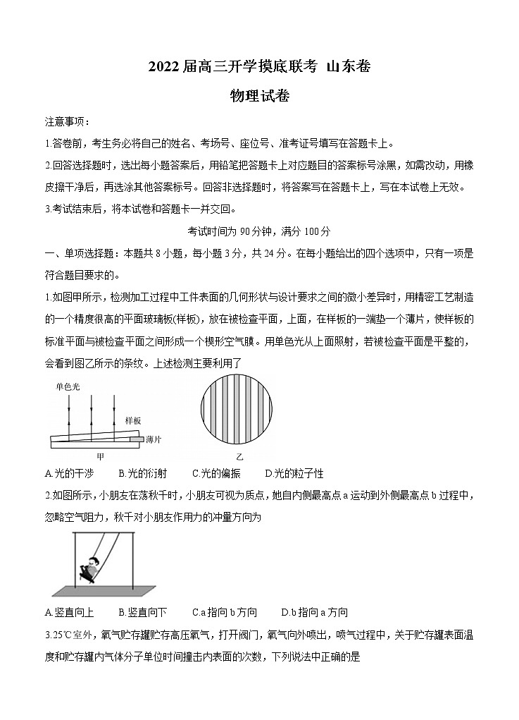山东省2022届高三上学期开学摸底联考 物理 (含答案) 练习题第1页