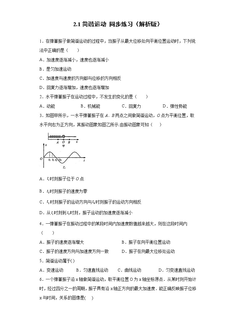 2.1简谐运动 同步练习（解析版）-2021-2022学年高二上学期物理人教版（2019）选择性必修第一册第1页
