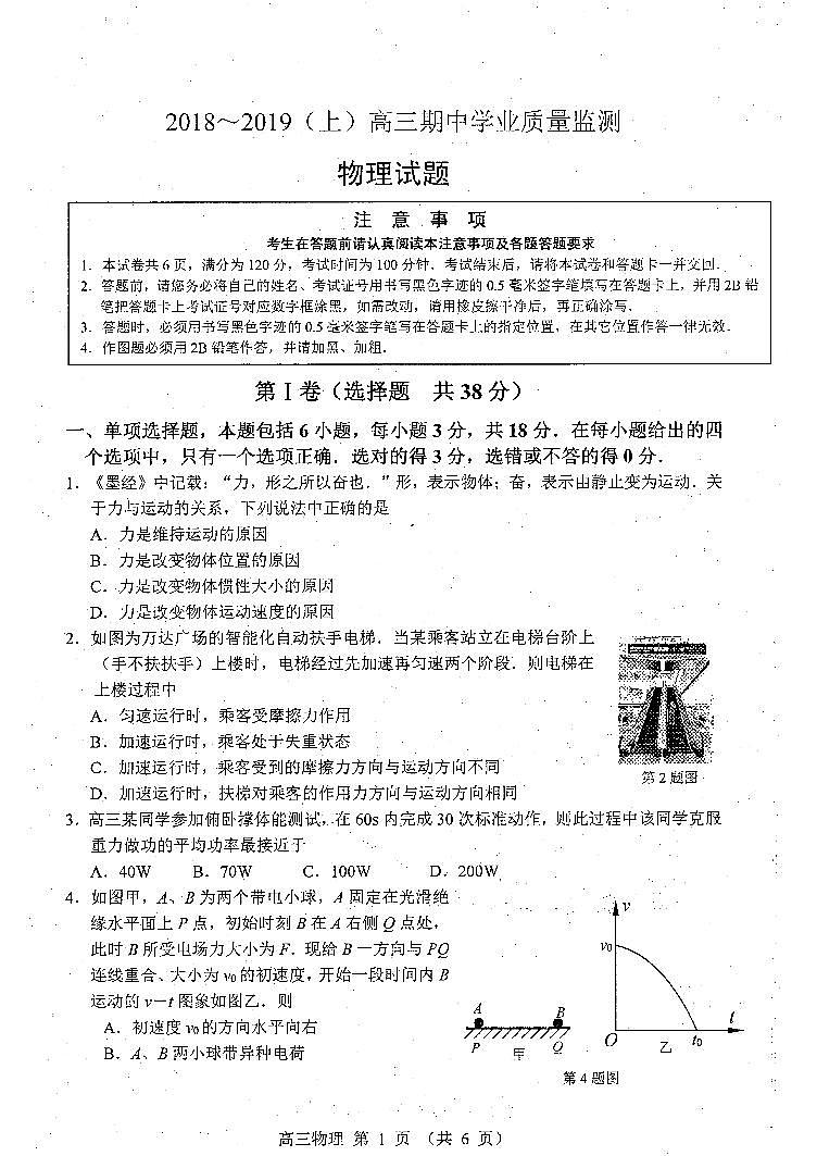 2019届江苏省南通市通州区高三上学期期中学业质量监测物理试题 PDF版01