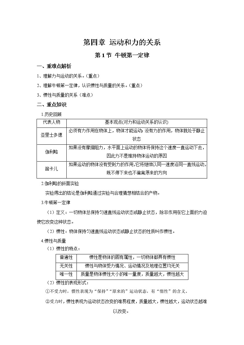 2021年高中物理新人教版必修第一册 第四章 运动与力的关系 章末复习学案01