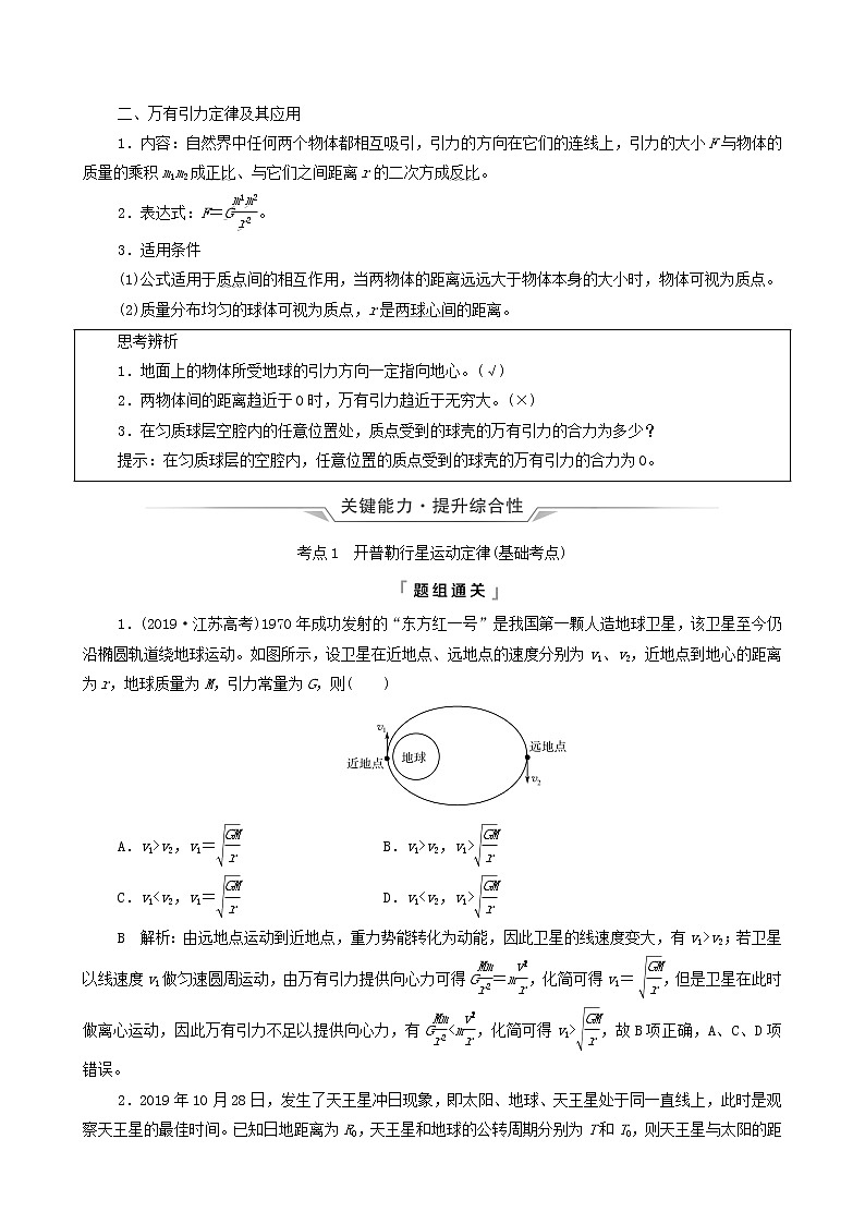 鲁科版（新教材）2022版高考一轮复习第6章万有引力定律及航天第1讲开普勒定律万有引力定律及应用（物理 学案）02